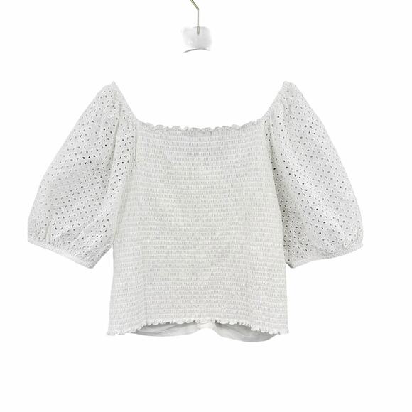 Gap NWT Sz L Crisp White Knit Eyelet Puff Sleeve Smocked Cropped Peasant Top - Picture 4 of 13